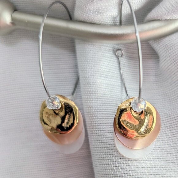 Gold Disc Coin and Shell Layered Steel Hoop Handmade Earrings - Picture 8 of 10